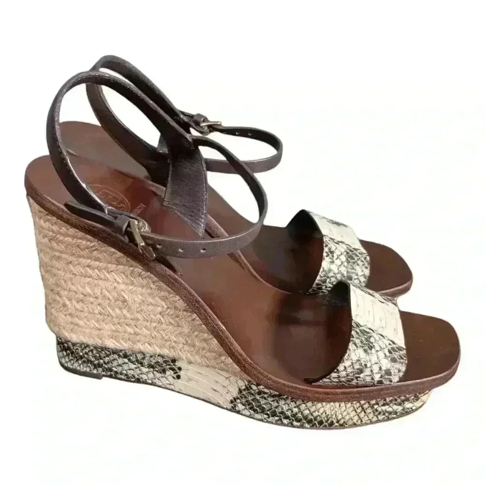 Tory Burch Espadrille Wedge Sandals Heels Leather Snake Women's 6.5 M